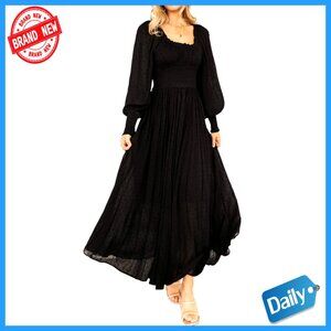 Puff Sleeve Maxi Dress Square Neck Elastic Waist Swiss Dots Flowy A-Line